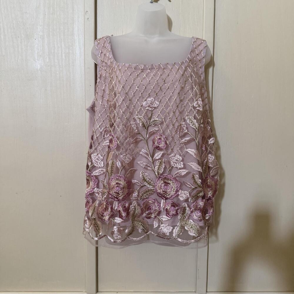 R&M Richards Tank Top Womens 18W Pink Floral Embroidered Chiffon Lined Party